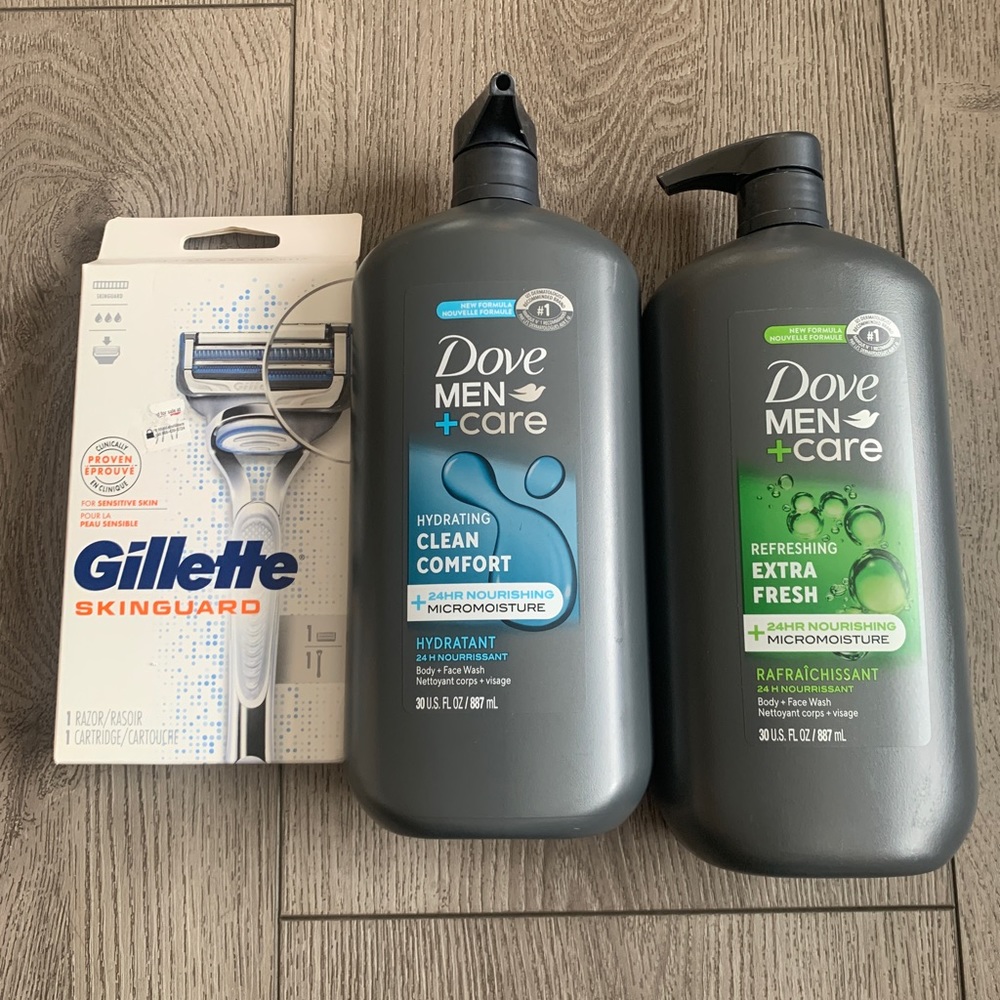 Dove men care body wash for men and a razor